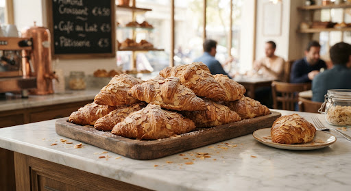 Golden freshly baked French flaky almond croissants piled on an architectural marble