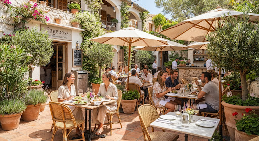 Sun-drenched Mediterranean style outdoor dining patio