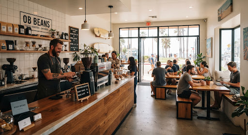 Interior view of a modern boutique coffee shop in Ocean Beach San
