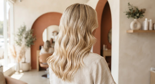 Close up photograph of bright creamy blonde dimensional balayage hair