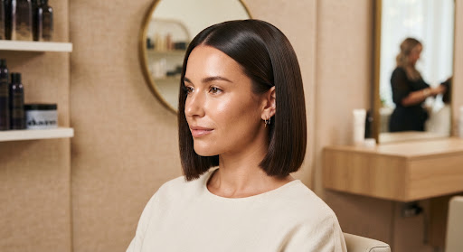 Sleek precision blunt cut bob hairstyle on dark brown brunette hair reflecting