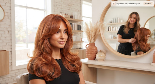 High gloss copper auburn hair blowout
