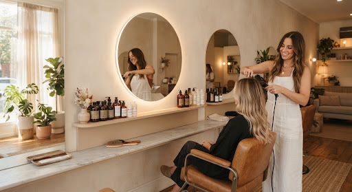 Warm aesthetic hair salon styling station interior