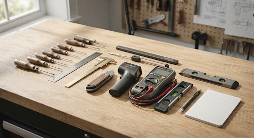 Close up architectural detail of clean hand tools and diagnostic equipment laid