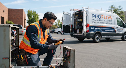 Candid photograph of a service technician in high-visibility work attire checking equipment