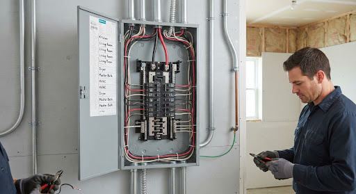 Close up photograph of neat residential electrical breaker box panel installation