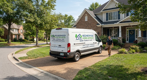 Photograph of local service company branded truck parked outside residential neighborhood home