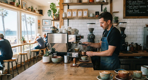 Artisanal coastal coffee bar interior