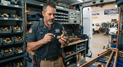 Professional contractor master plumber in organized utility van inspecting brass copper pipe