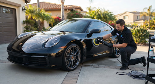 High gloss reflections on a clean black sports coupe being meticulously polished