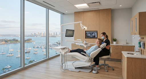 Modern serene dental office operatory overlooking Point Loma harbor